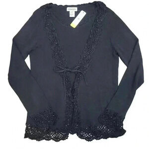 Notations Women's Black Rayon/Nylon Knit Top w Attached Cardigan & Crocheted Lac